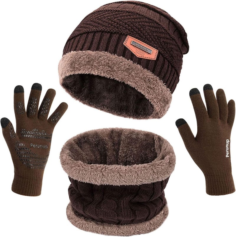 MAYLISACC Winter Knit Beanie Hat Neck Warmer Scarf and Touch Screen Gloves Set 3 Pcs Fleece Lined Skull Cap for Men Women - Image 1